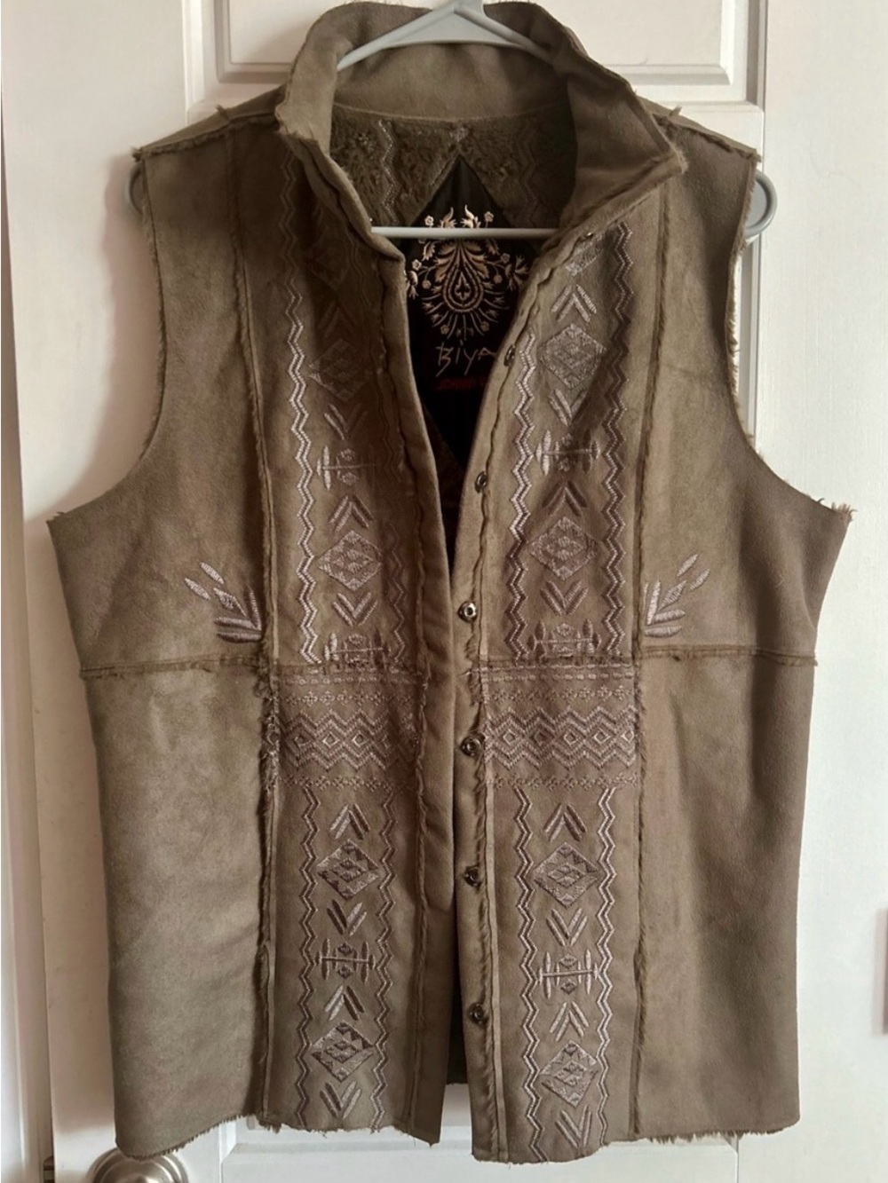 BIYA by Johnny Was Taxara Embroidered Faux Suede Shearling Vest M